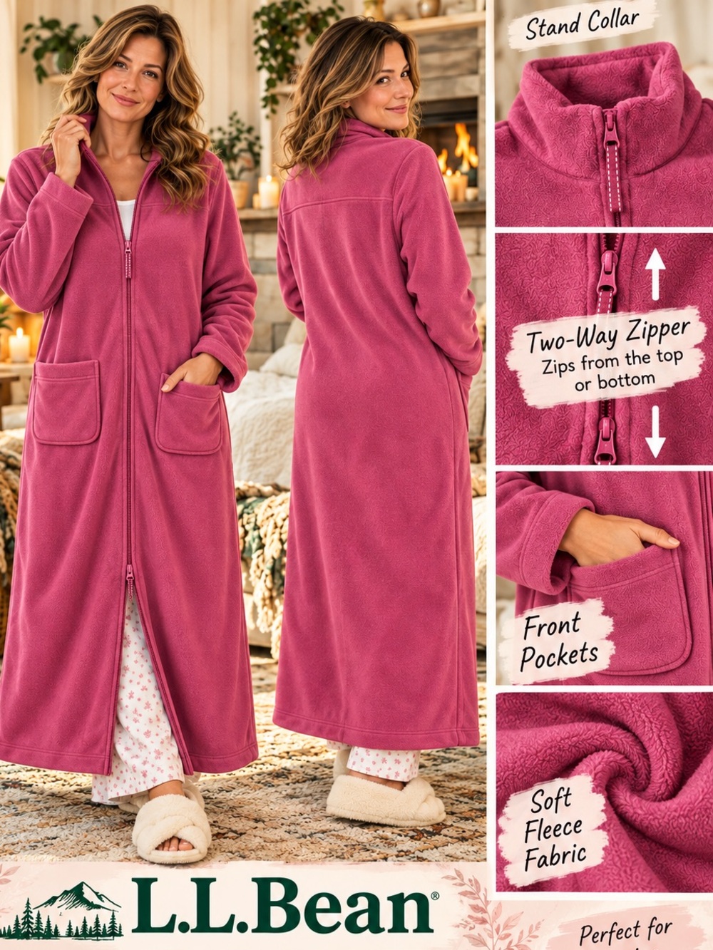 L.L.Bean Fleece Winter Long Robe
Pink Two-Way Full Zip Collar Pockets Sz Medium